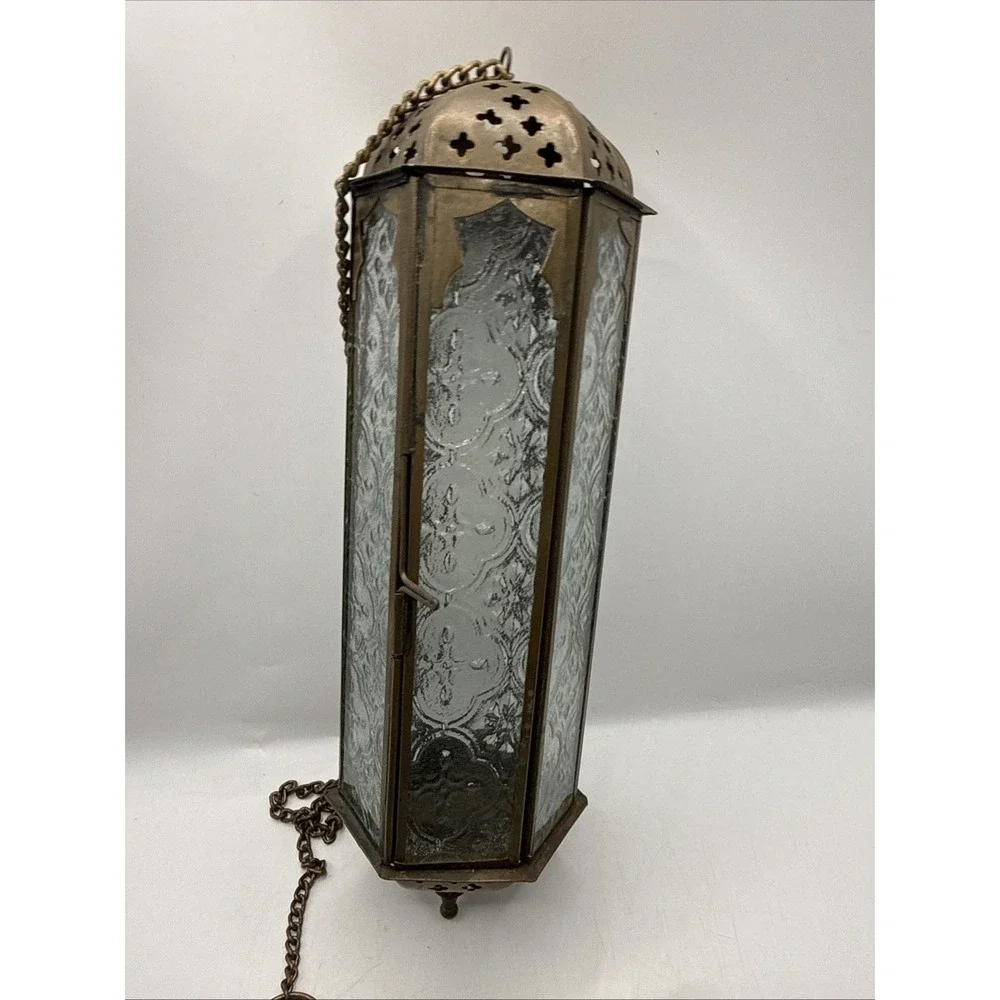 VTG Moroccan Hanging Lantern Clear Embossed Glass Brass 10.5